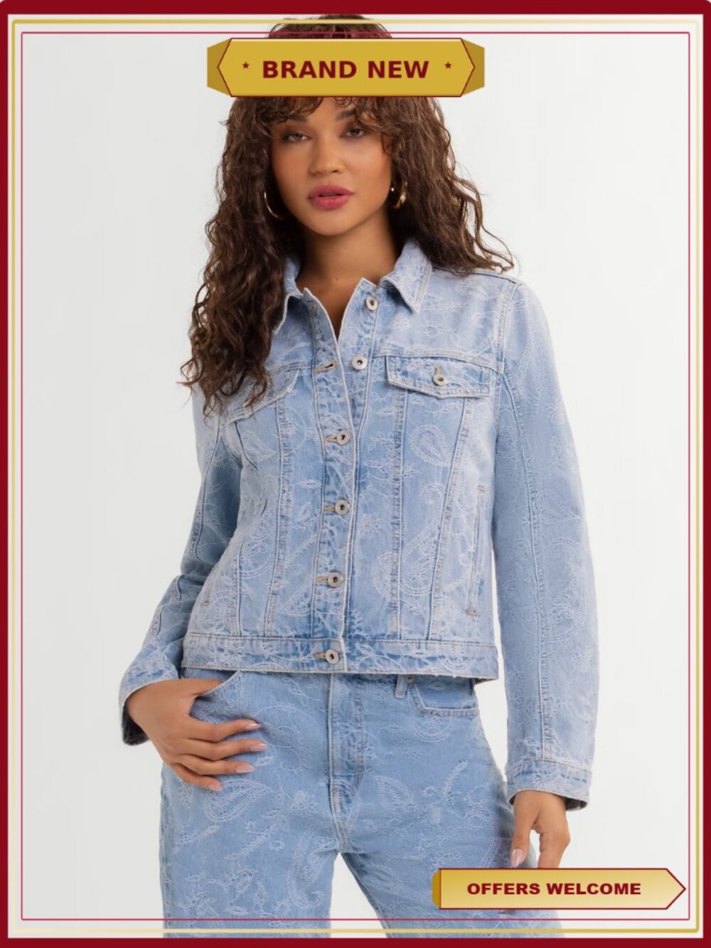 Denim Trucker Jacket Waist Length Button Front Point Collar